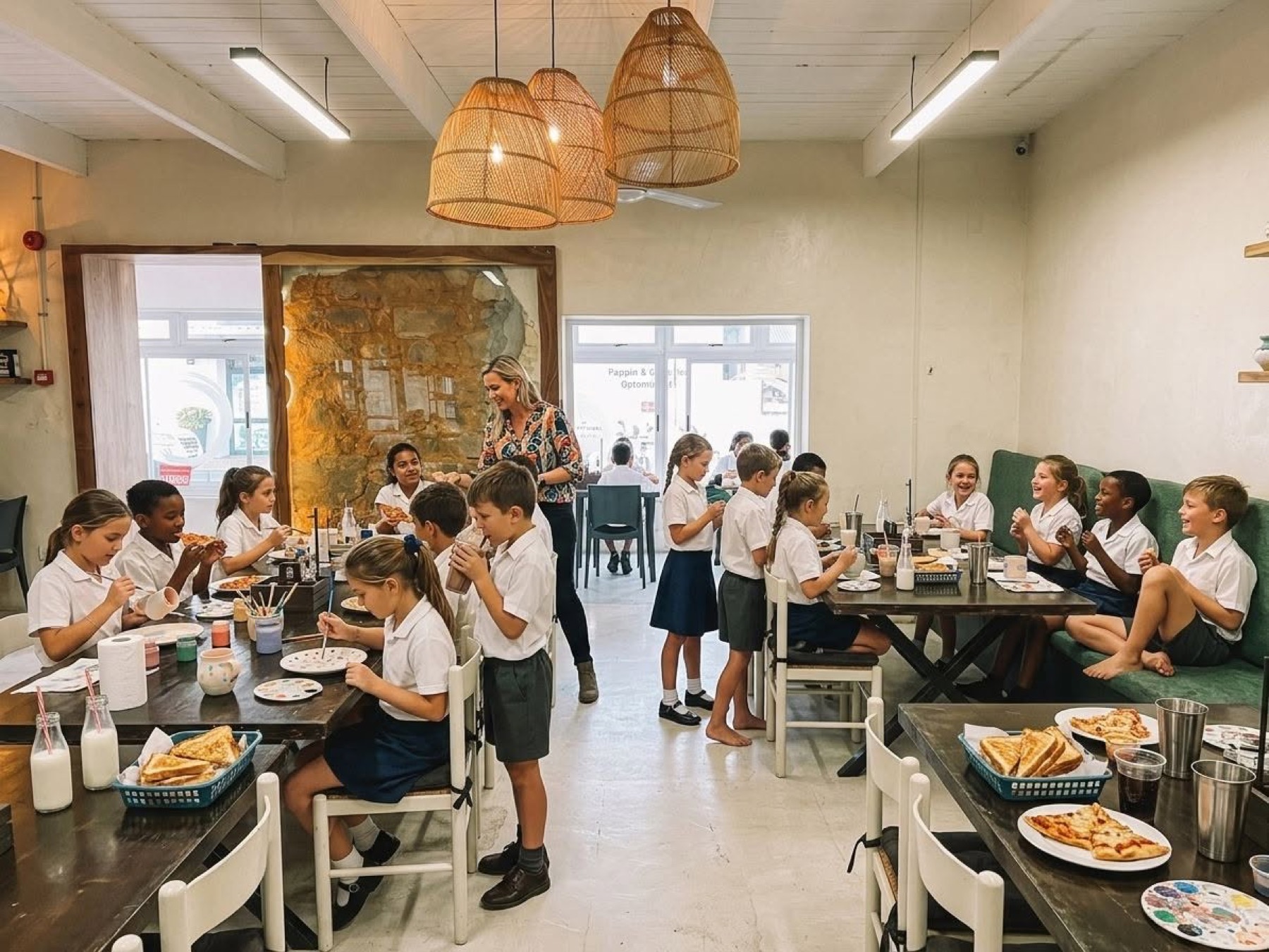 A school group enjoying pottery painting